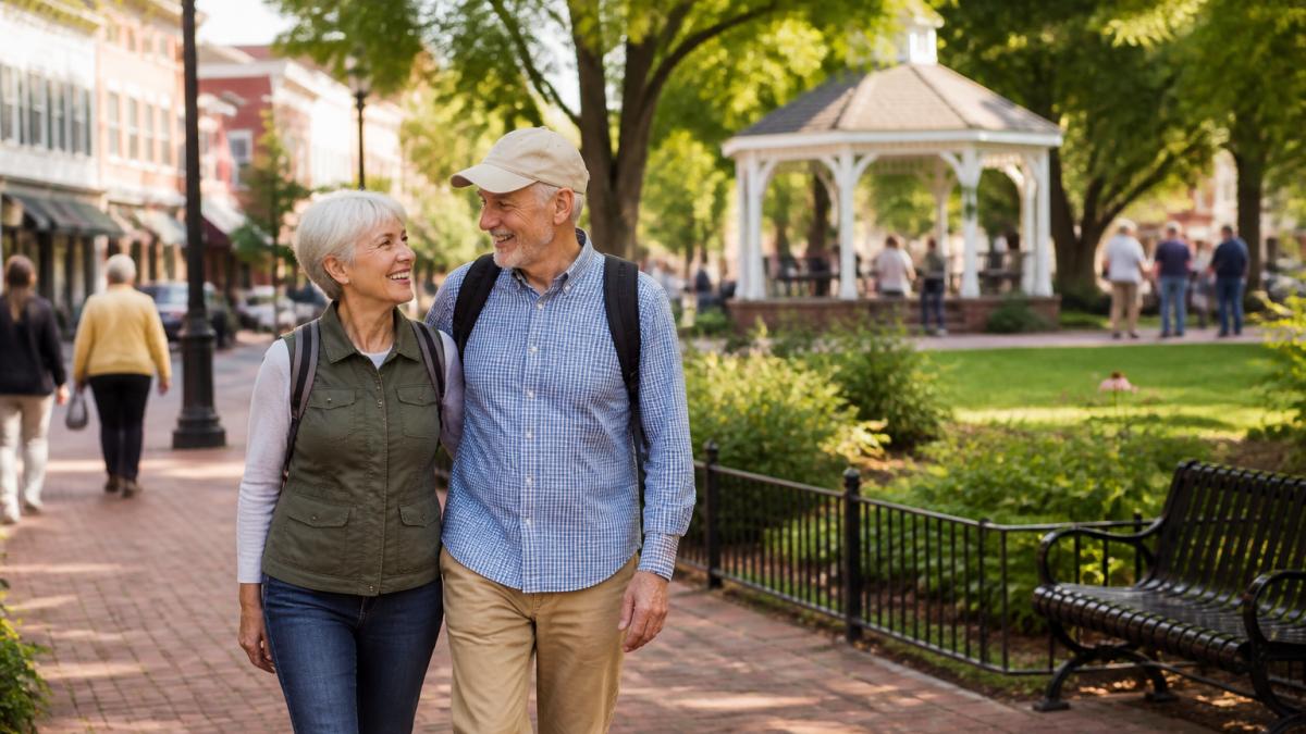 Retired couple enjoying outdoor activities in a scenic small town setting with tree-lined streets and community gathering spaces