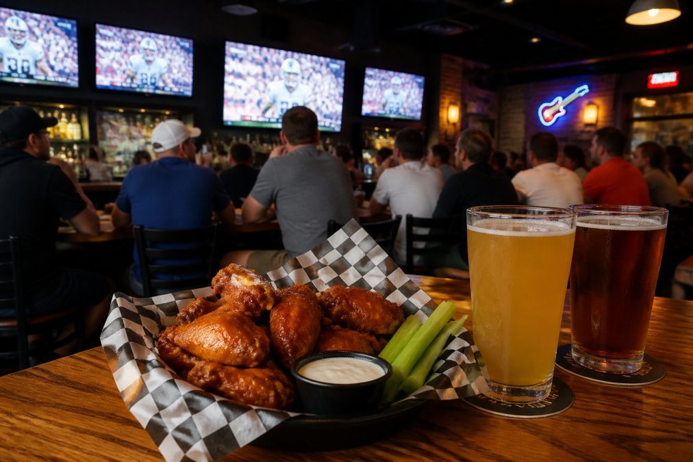 Lively sports bar interior with multiple large flat-screen TVs displaying live games, patrons seated at tables and bar stools watching intently, a plate of golden crispy wings with sauce in sharp focus on a wooden table, cold beer glasses sweating in the foreground, warm ambient lighting from overhead fixtures and neon beer signs