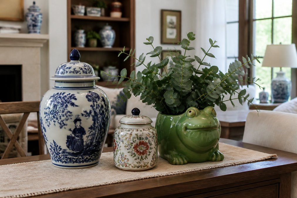 Infographic displaying a curated selection of artisan ceramics including blue-and-white jars and frog planters.