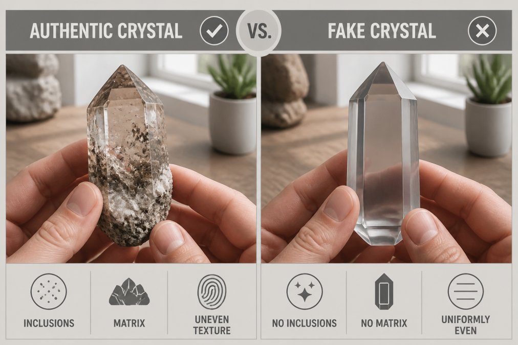 Close-up of a person's hands holding two crystal specimens side by side on a wooden surface, one with natural inclusions and visible matrix texture, the other with an unnaturally uniform translucent color, under bright natural window light