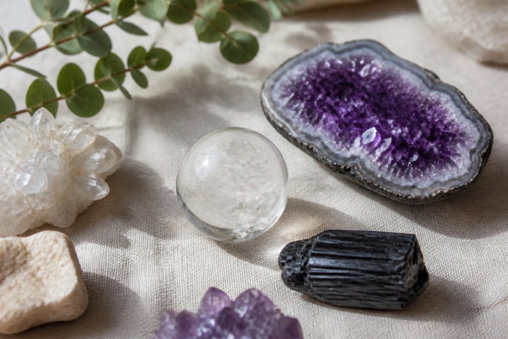 Flat lay of several hand-selected crystal specimens including a clear quartz sphere, an amethyst geode slice, and a raw black tourmaline chunk arranged on neutral linen fabric with soft natural window light coming from the left