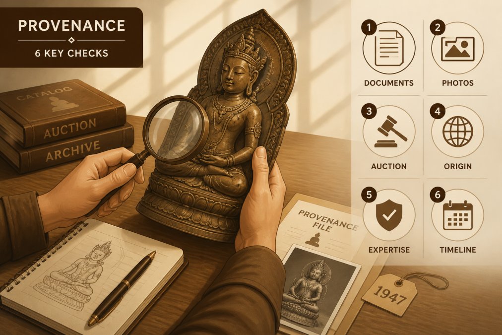 Close-up of hands examining an antique religious sculpture with a magnifying glass and documentation papers on a wooden table, soft natural light streaming across the surface
