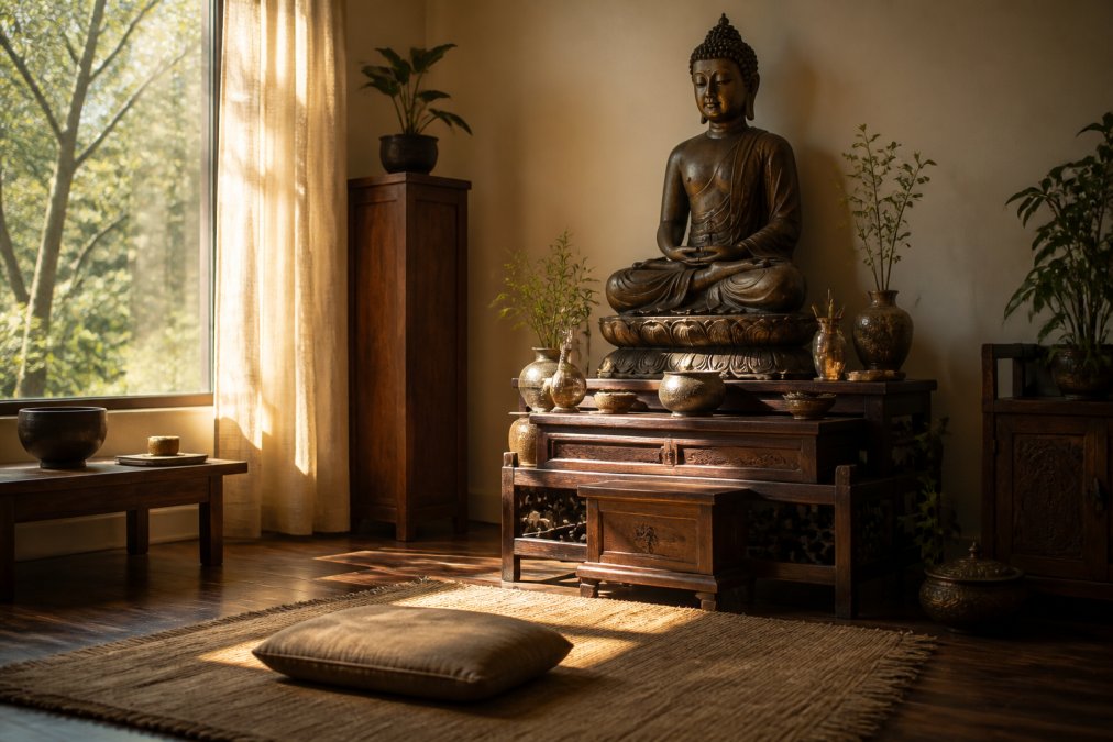 A serene home meditation room with a Buddhist statue positioned on an altar, soft warm lighting from a window, and minimalist decor creating a peaceful spiritual sanctuary