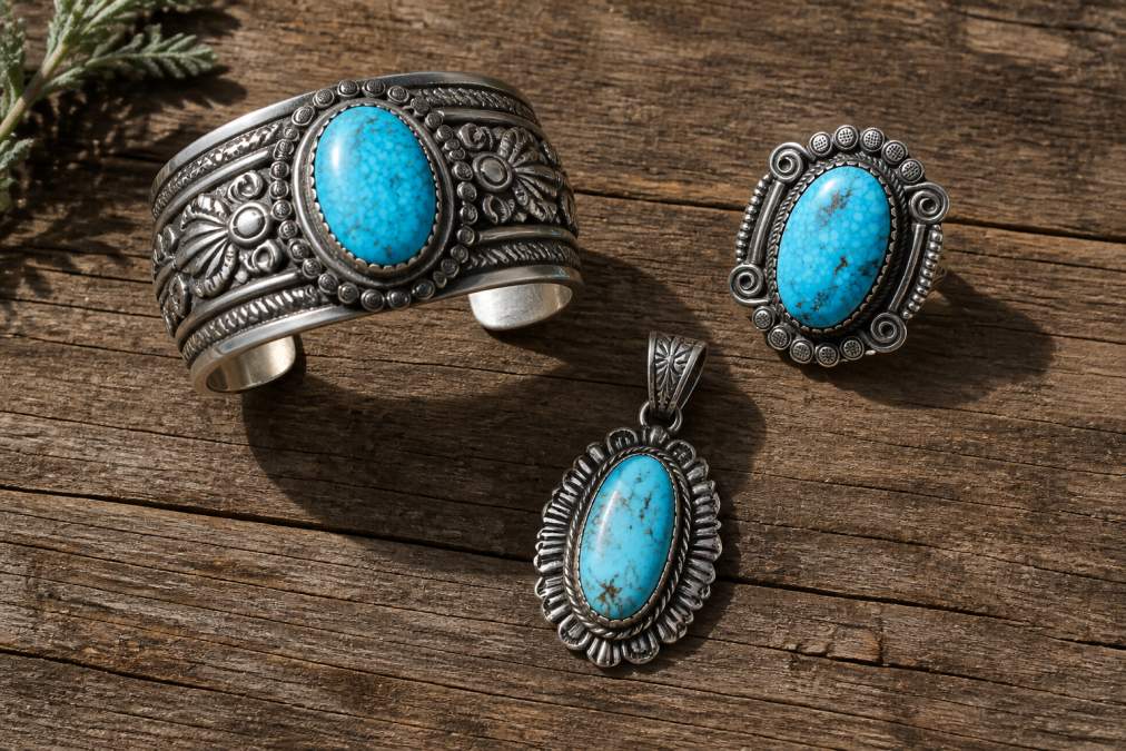 Flat lay of handcrafted Native American turquoise jewelry pieces arranged on a weathered rustic wooden surface, a heavy sterling silver cuff bracelet, a ring with a large oval cabochon, and a pendant, each showing distinct matrix patterns and deep oxidized stampwork, photographed in warm directional natural light