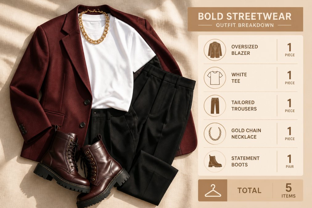 Carefully curated outfit laid flat on neutral beige linen, showing oversized blazer in deep burgundy, crisp white tee, black tailored trousers, chunky gold chain necklace, and statement leather boots, with morning sunlight highlighting texture and fabric details