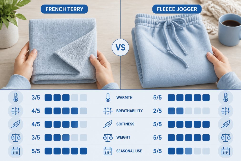 Close-up of hands holding a folded French terry fabric swatch and a fleece jogger side by side on a light wood table, soft natural light, cozy home setting