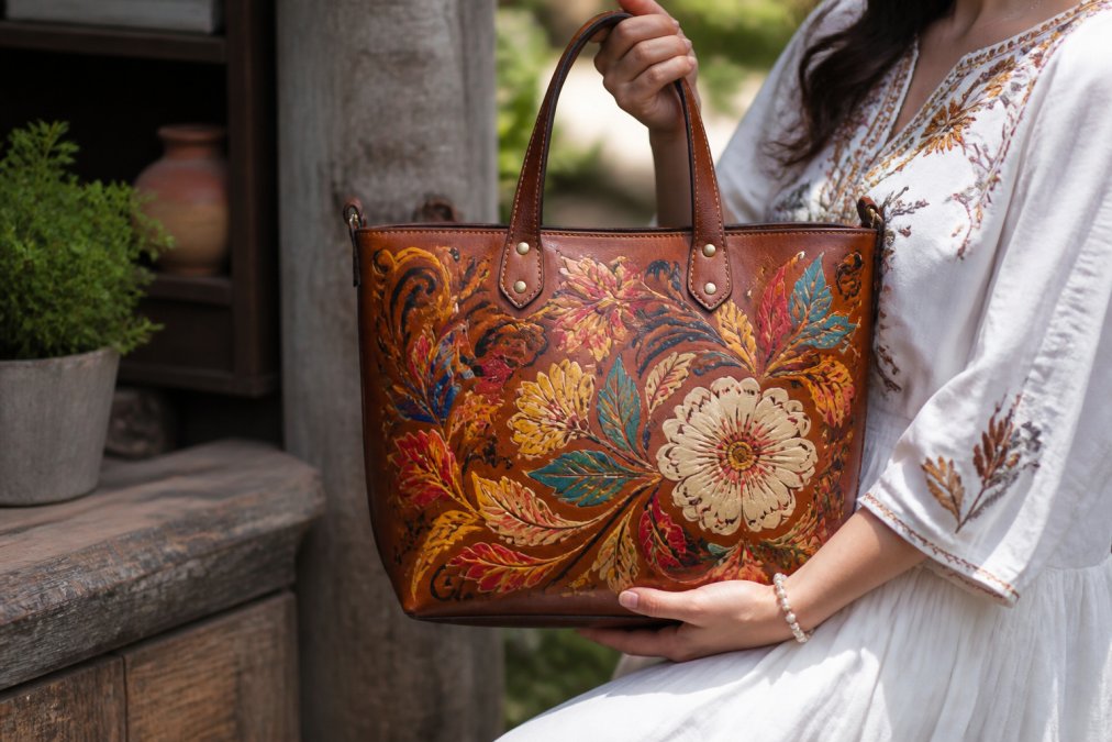 A woman's hands holding a hand-painted floral vegan leather tote bag, showing the detailed floral artwork and craftsmanship in natural light
