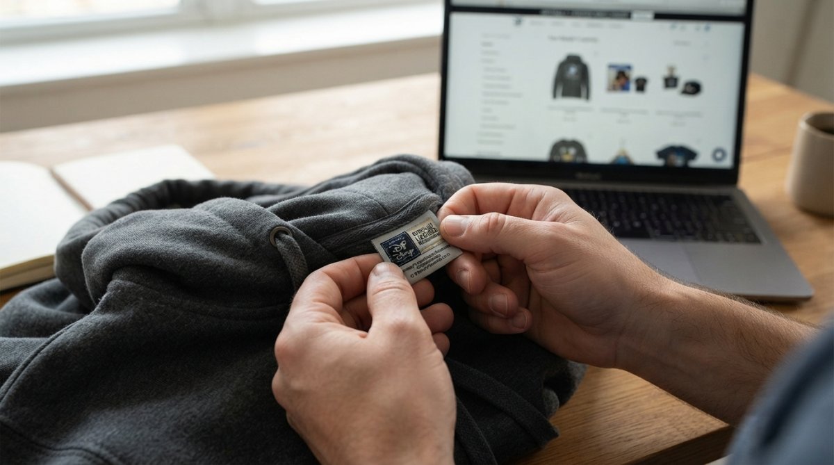 Step-by-step guide for checking the authenticity of fan merchandise tags on a hoodie