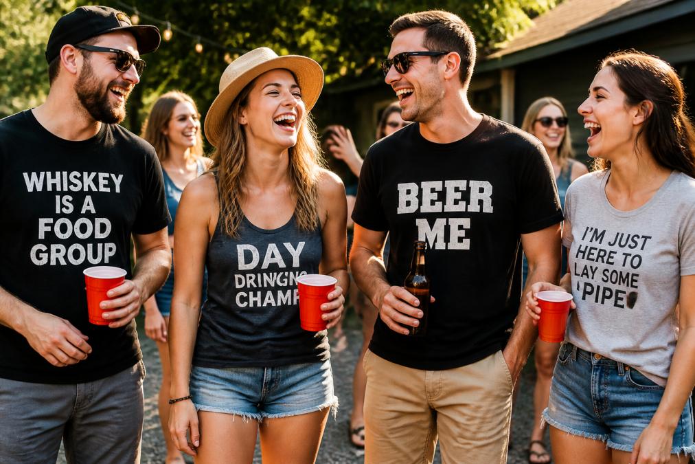 A group of young adults laughing at a casual outdoor party, several wearing bold and funny graphic tees with humorous slogans, holding drinks and clearly having a great time in warm afternoon sunlight