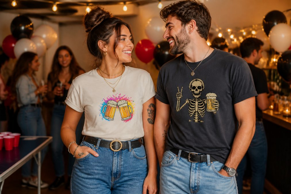 A young woman and man styled in casual party outfits, graphic tee tucked into high-waisted jeans with layered accessories, standing against a festive background with balloons and warm string lights in a dimly lit indoor venue