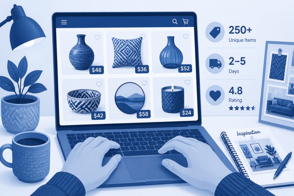 Close-up of hands browsing unique home decor items on a laptop screen, with a cozy workspace setup showing inspiration and shopping in progress