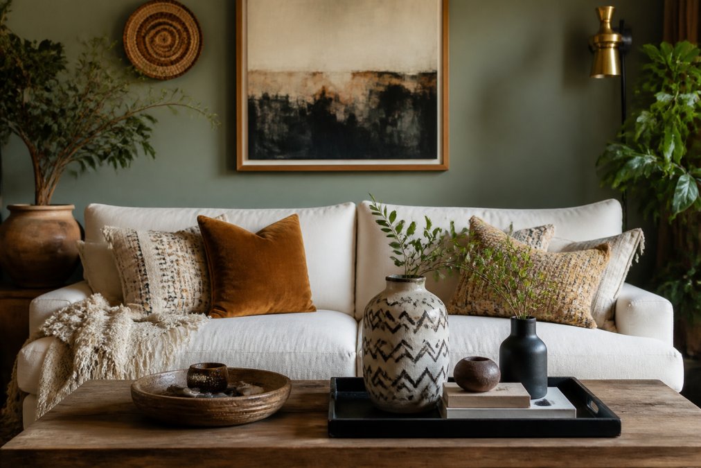 Styled living room with layered textiles, statement wall art, and carefully arranged home accessories creating a cohesive, personalized aesthetic
