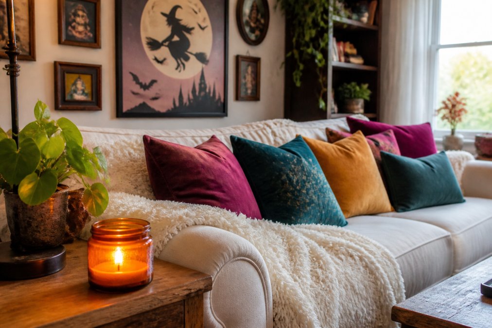 Bright, inviting living room with colorful throw pillows in jewel tones, a cozy sherpa blanket draped over a cream sofa, vibrant wall art featuring witchy imagery, and a glowing amber candle on a wooden side table, natural afternoon light streaming through windows