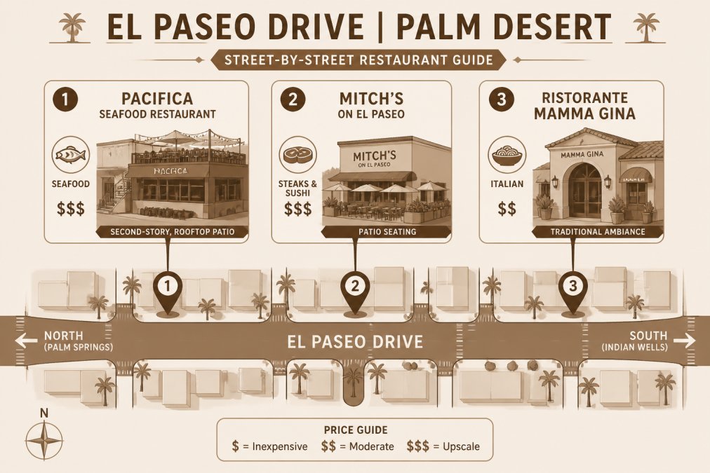 Visual roadmap for Illustrated, El Paseo Drive, Pacifica Seafood Restaurant, Mitch for eat palm desert