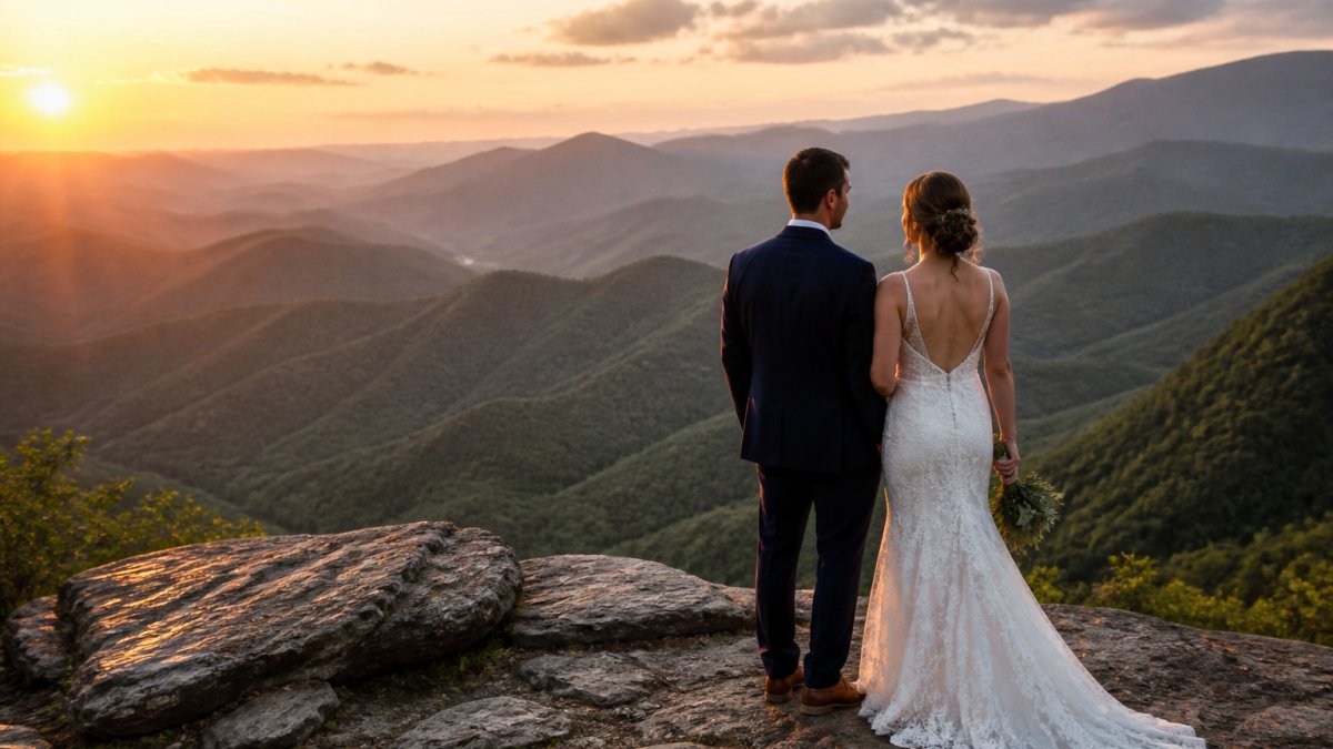 Couple in wedding attire at a Smoky Mountains overlook to elope in Gatlinburg at golden hour
