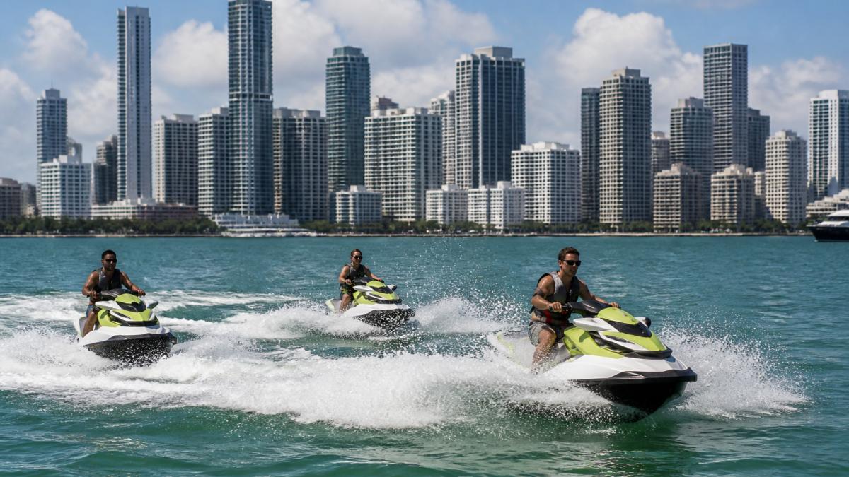 A group of riders on personal watercraft cruising Biscayne Bay with the Miami skyline rising behind them, bright midday sun, spray kicking up from the wake