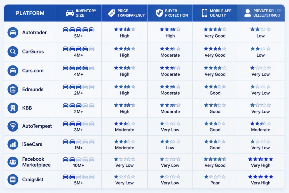 Comparison matrix of major used vehicle search platforms: Autotrader, CarGurus, Cars.com, Edmunds, KBB, AutoTempest, iSeeCars, Facebook Marketplace, Craigslist. Columns: inventory size, price transparency, buyer protection, mobile app quality, private seller listings