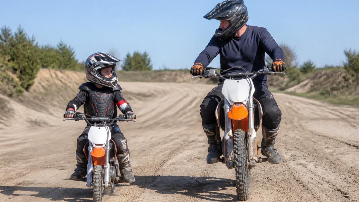 Young rider in full protective gear practicing on a sandy trail with a mentor nearby