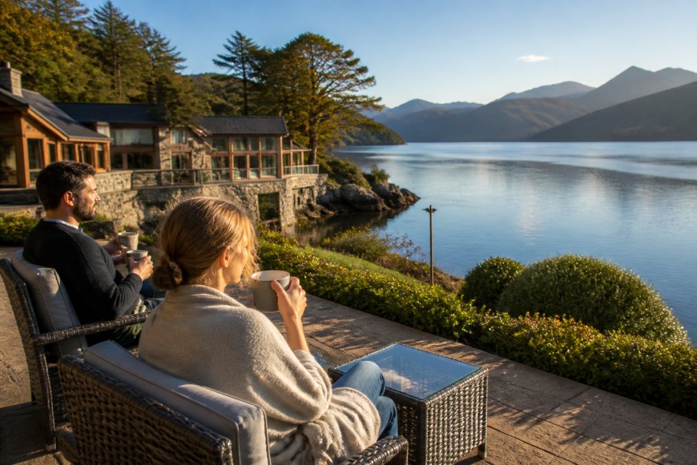 Guests relaxing on a sun terrace overlooking Loch Dunvegan with mountains in soft morning light, holding steaming coffee cups whilst watching the water, luxury lodge building visible in background