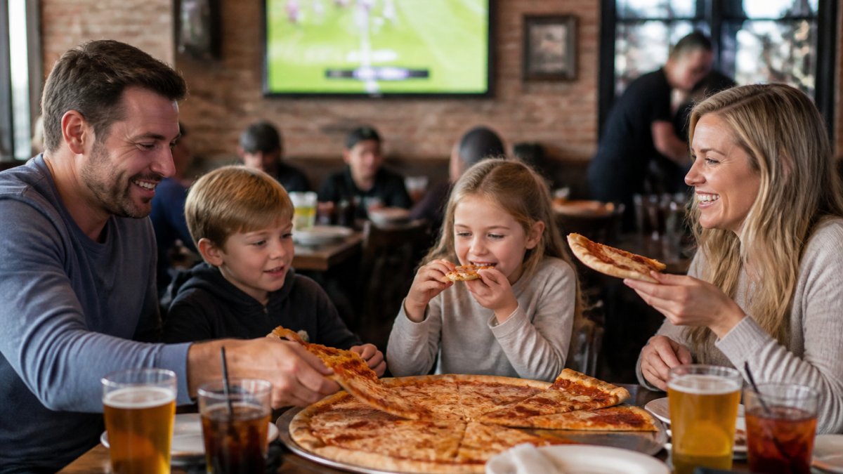 Infographic showing tips to watch live sports in a family-friendly sports bar while eating pizza with children.