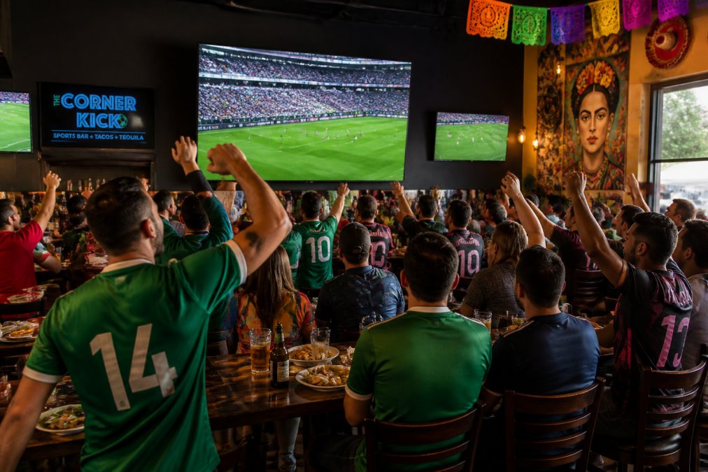 Lively sports bar interior with multiple large screens displaying a live soccer match, patrons in team jerseys cheering enthusiastically, colorful Mexican décor with vibrant artwork, and energetic game day atmosphere with natural and ambient lighting