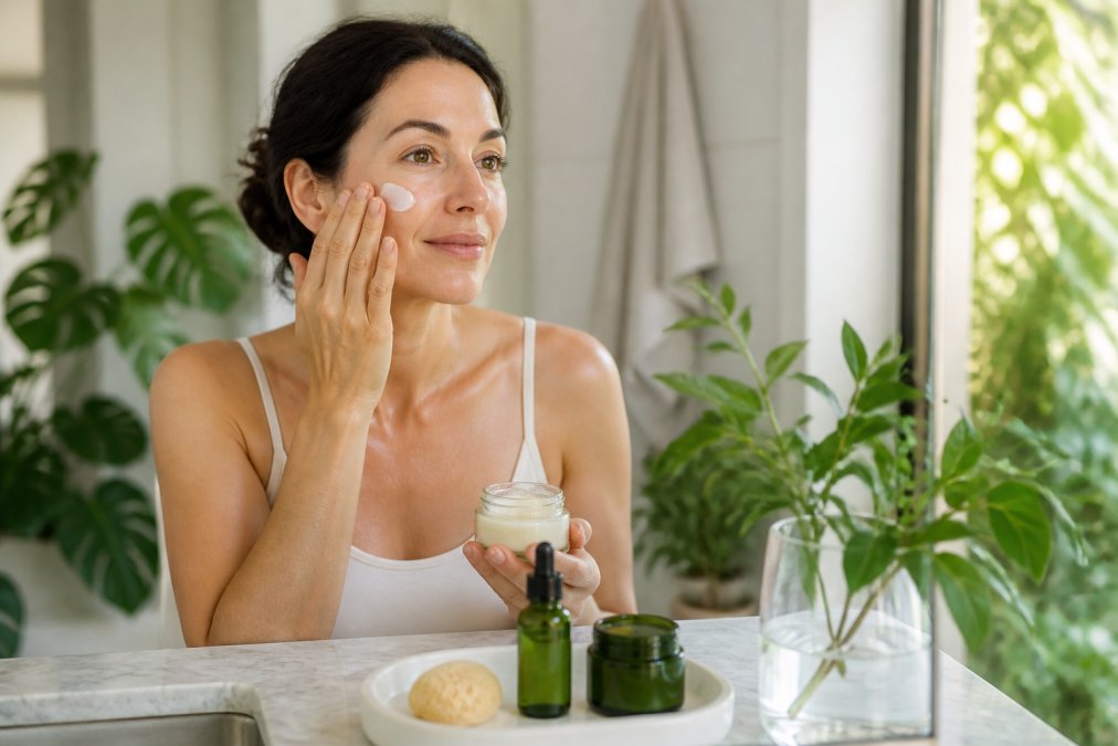 A woman in her 40s with radiant skin applying a plant-based face cream in a bright bathroom, with natural light and green plants visible in the background
