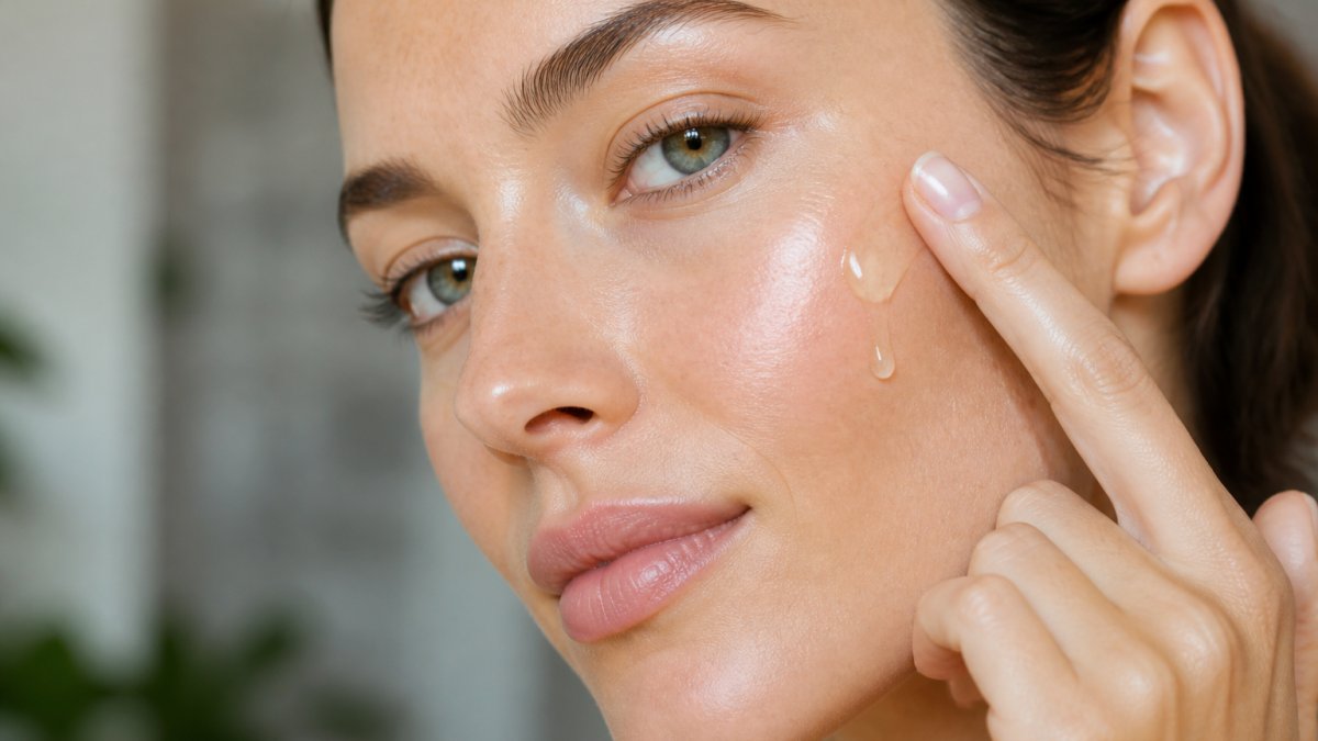 Close-up of woman's face showing radiant, hydrated skin with visible glow, a few drops of serum on fingertip being applied to cheekbone, natural soft lighting highlighting skin texture