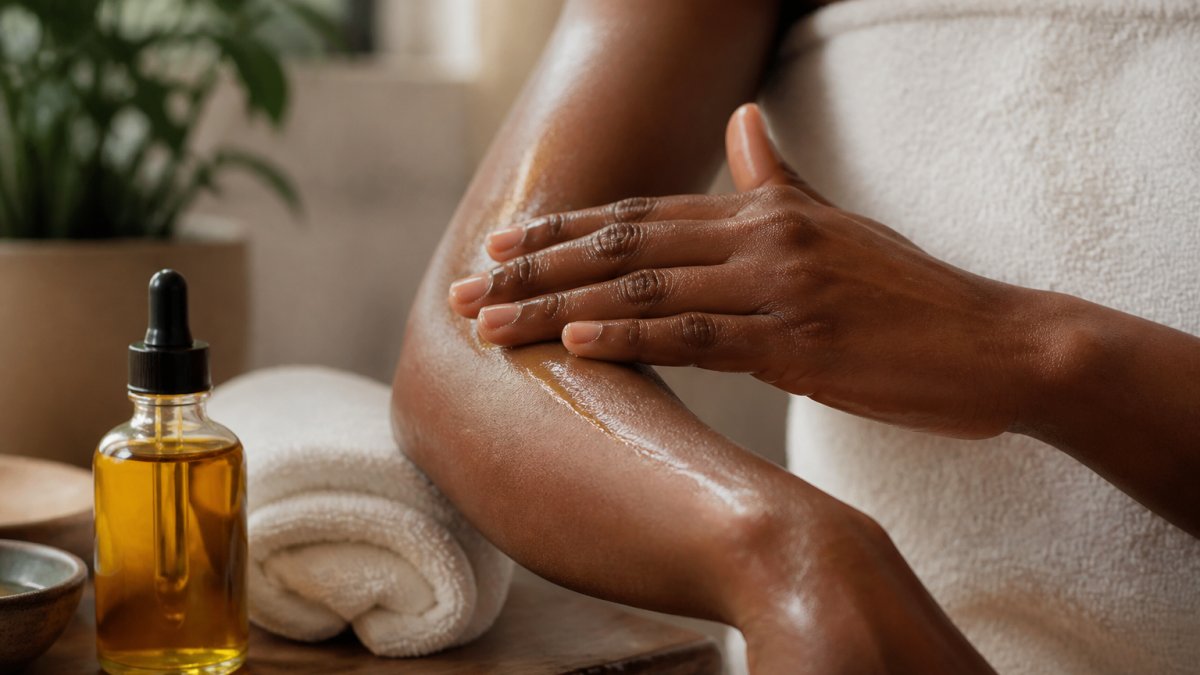 Close-up of a person's hands applying golden body oil to damp skin on their arm, with a glass bottle and soft towel nearby in a warm bathroom setting