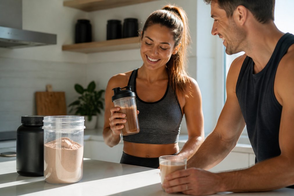 Close-up of VitaFaze protein powder containers and prepared chocolate shake in shaker bottle on clean kitchen counter with morning light
