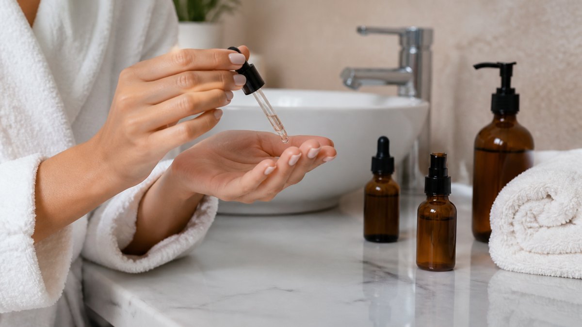 A woman's hands applying a drop of serum to her fingertips over a bathroom counter with a few amber glass bottles and a small towel nearby, soft natural light