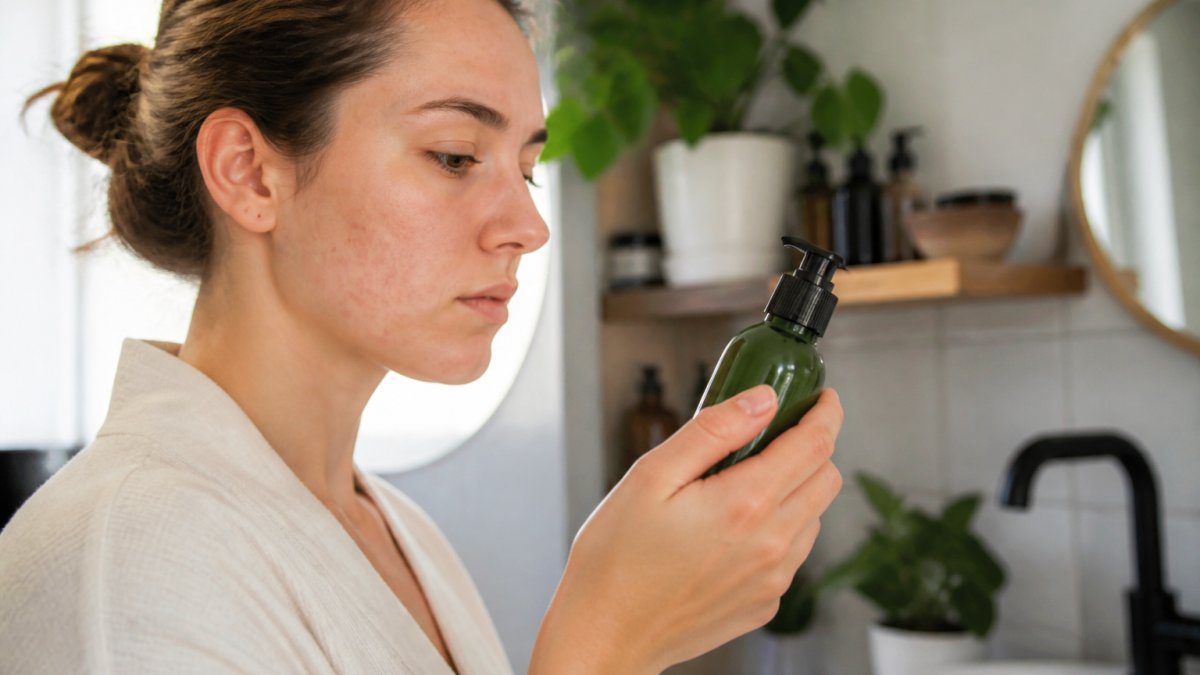 Close-up of a woman with sensitive, acne-prone skin examining a skincare bottle's ingredient label in a bright bathroom, soft morning light on her face