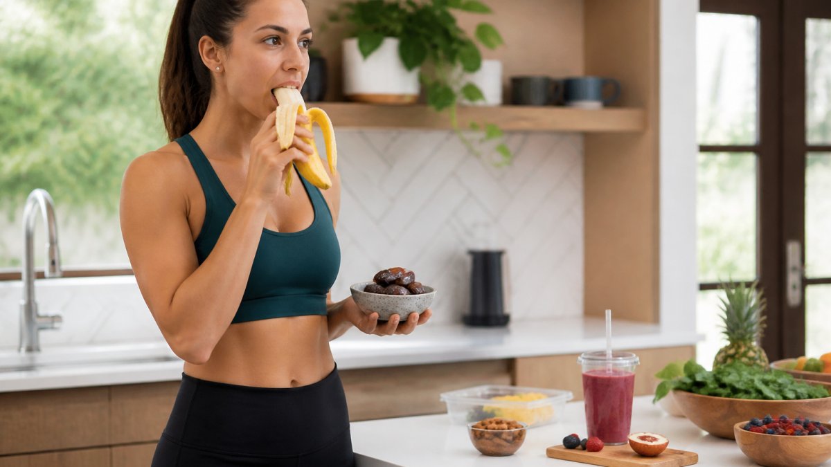 Runner in athletic gear eating a banana and dates as plant based snacks before a morning run in the kitchen