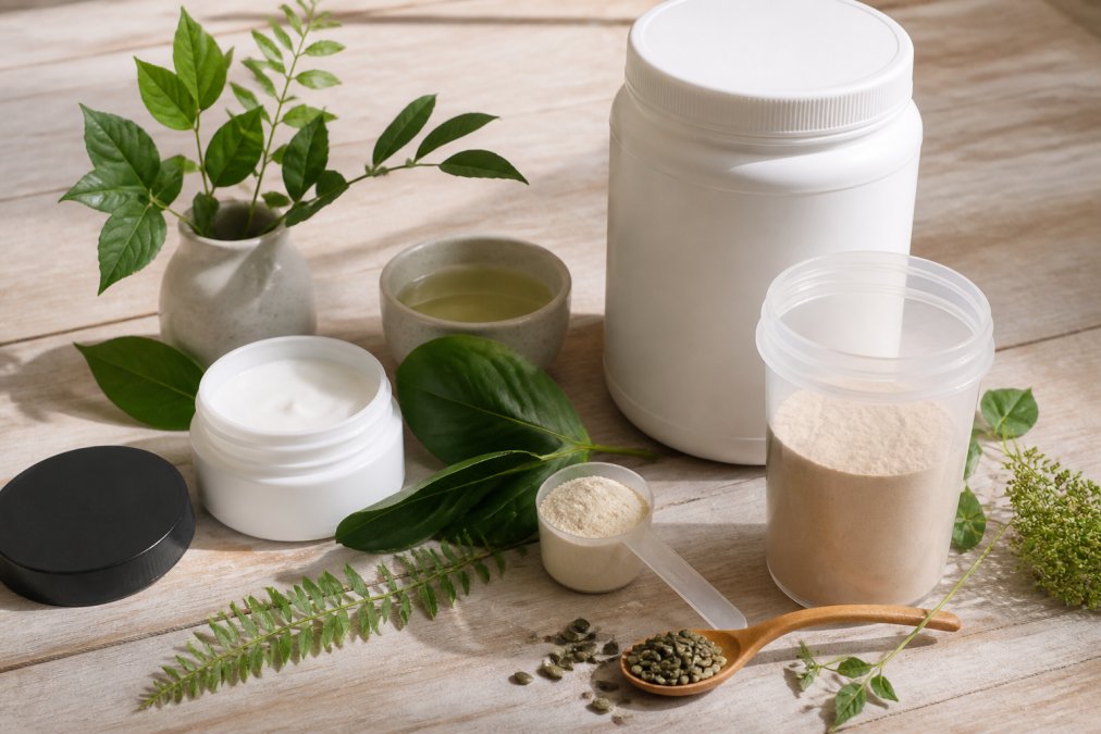 Flat lay of several plant-based wellness products including a cream jar, a protein powder container, and green botanical leaves arranged neatly on a light wooden surface in soft natural daylight