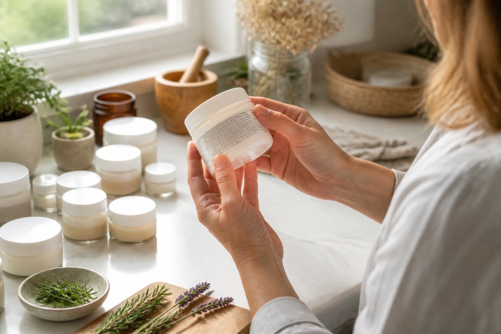 Close-up of a person's hands holding a wellness product jar, turning it to read the ingredient label carefully, with warm natural light coming through a window and a clean white countertop in the background