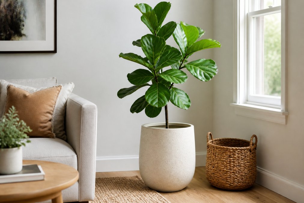 A bright living room corner featuring a healthy fiddle leaf fig in a stylish ceramic pot, soft natural light streaming from a nearby window, wooden floorboards and a woven basket nearby