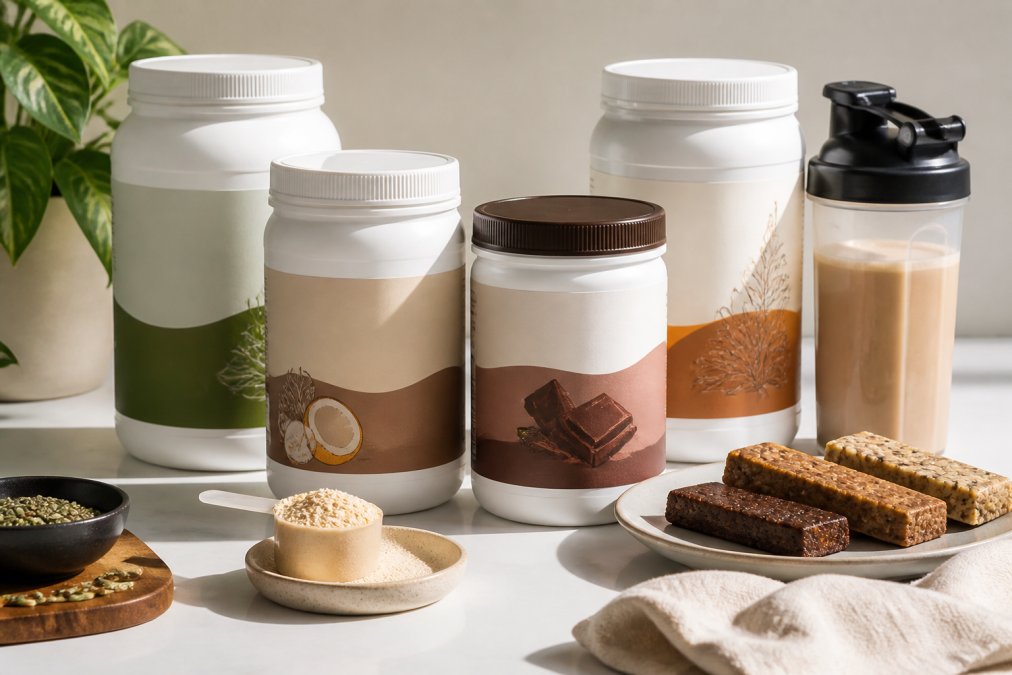 Close-up of various plant-based protein powder containers and bars arranged on a clean white surface with natural morning light, showing different flavors and packaging in earthy tones