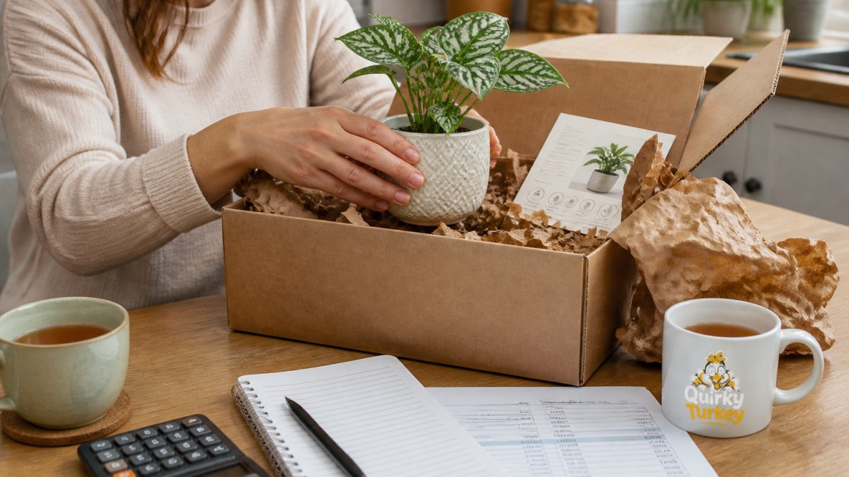 A person unpacking a plant delivery box on a kitchen table, with a small houseplant in a decorative pot, packing paper and a care card visible beside a cup of tea