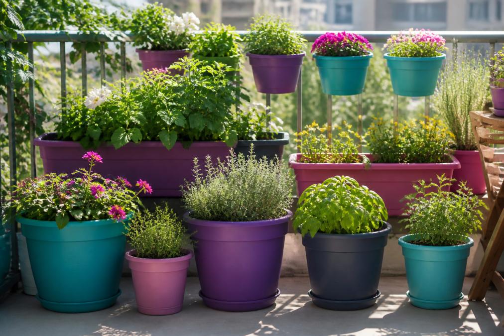 Well-organized apartment balcony with multiple colorful plastic planters of varying sizes containing herbs and flowering plants, arranged compactly to maximize space with bright morning sunlight