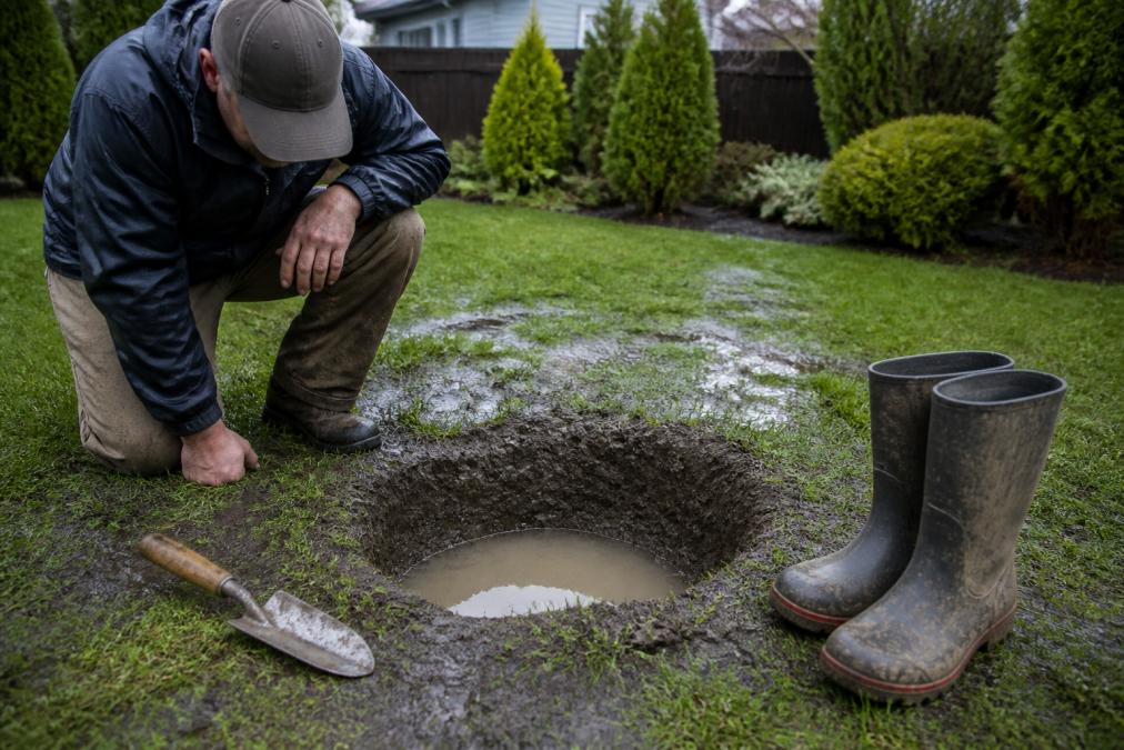 Homeowner kneeling by a test hole in soggy soil to assess drainage for the best plants for wet backyard areas