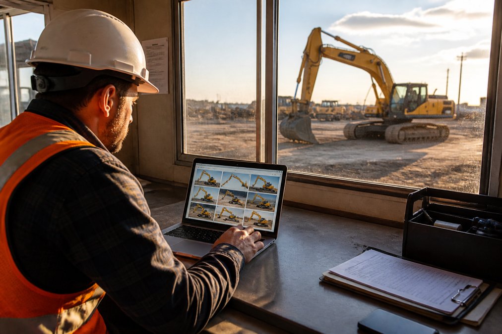 A construction equipment manager reviewing heavy machinery listings on a laptop at a job site trailer desk, with a yellow excavator visible through the window in the background, afternoon sunlight casting long shadows across the dusty yard
