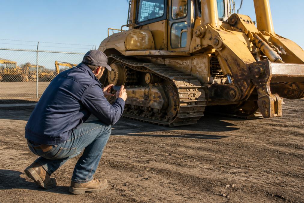 A seller photographing a used dozer at a construction yard with a smartphone, crouching at a low angle to capture the machine's undercarriage and attachments in sharp afternoon light, with a chain-link fence and equipment storage visible in the background