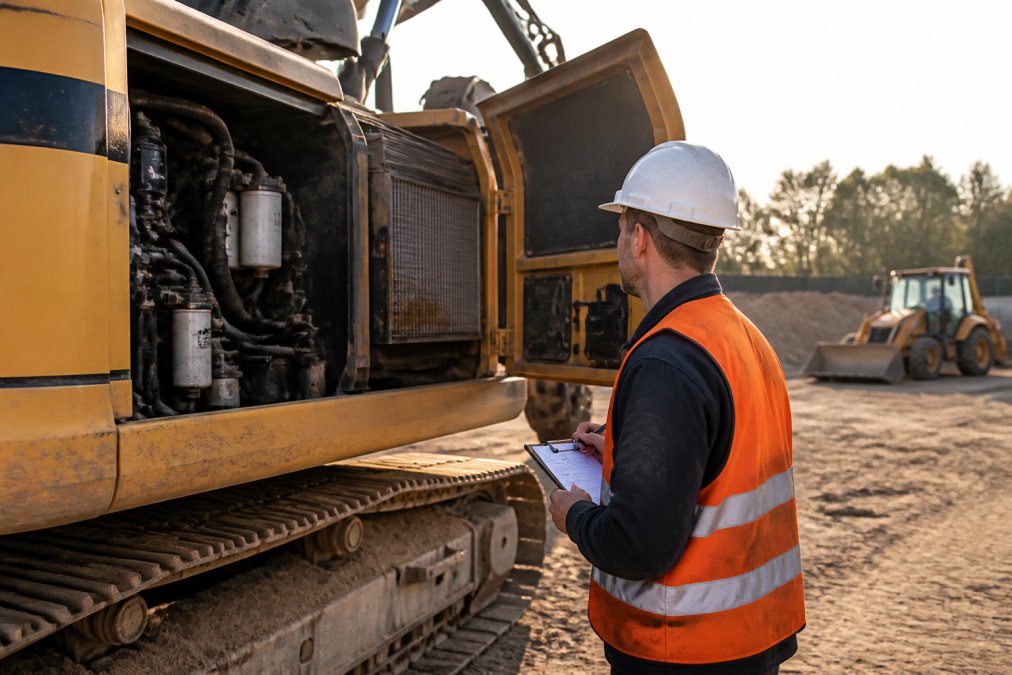 Heavy equipment operator in safety vest and hard hat inspecting an excavator on a construction site, checking the engine compartment and taking notes on a clipboard with morning sunlight