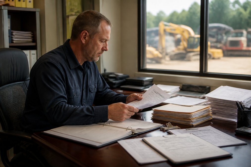 Construction equipment fleet manager at a desk reviewing equipment documentation, maintenance records, and title paperwork with a laptop displaying a spreadsheet, morning office lighting