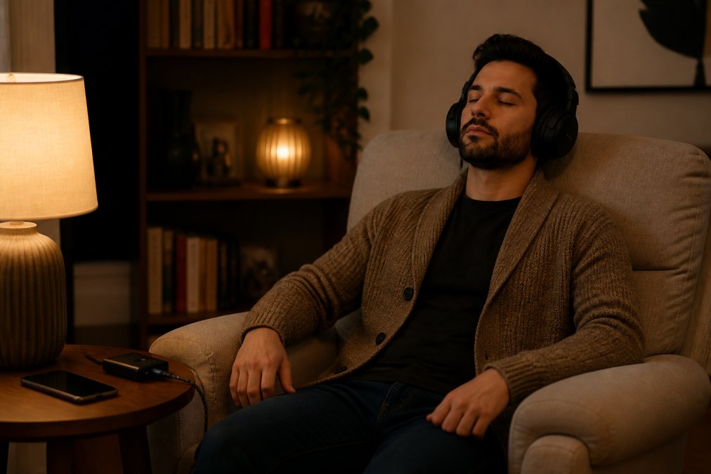 A person sitting in a comfortable armchair wearing large over-ear headphones, eyes closed, with a smartphone and a small portable DAC on a side table beside a warm lamp, in a softly lit living room at night