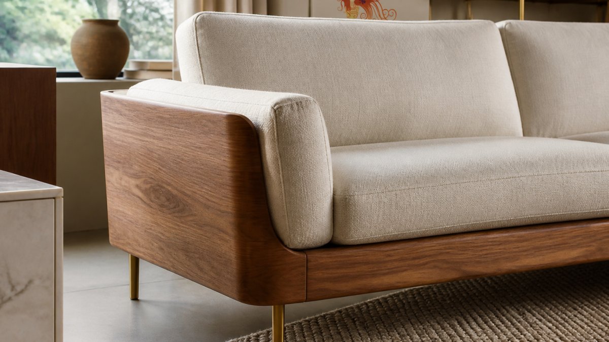 Close-up of luxury mid-century modern sofa photographed in natural daylight from a corner angle, showing walnut wood frame, brass legs, and cream linen upholstery texture clearly
