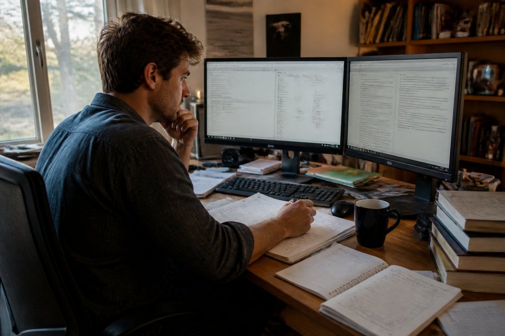 A writer sitting at a desk with multiple monitors displaying a manuscript outline on one screen and character notes on another, with coffee and notebooks nearby, looking focused and productive