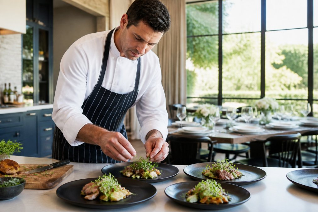 Professional private chef in a home kitchen preparing fresh ingredients for an event, with natural light streaming through windows and elegant place settings visible in the background