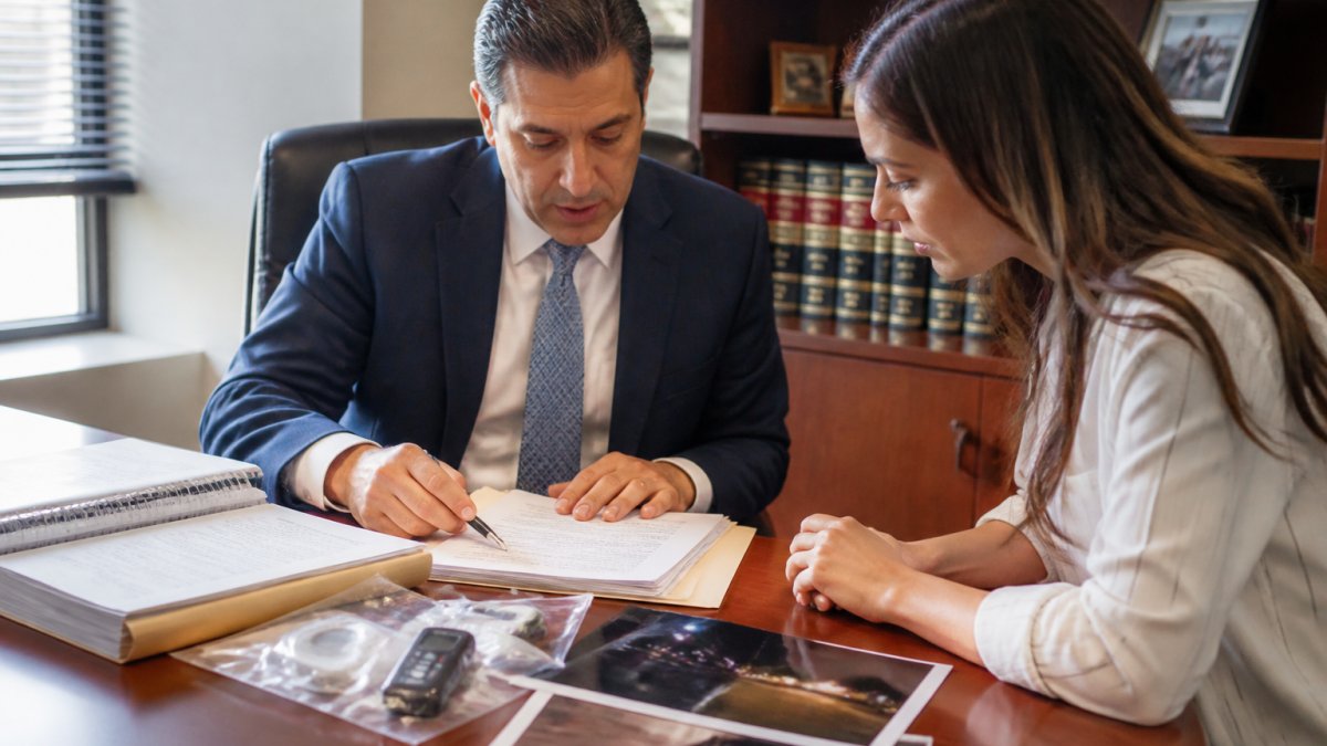 Criminal defense attorney and client reviewing case documents and evidence at a professional office desk with natural lighting