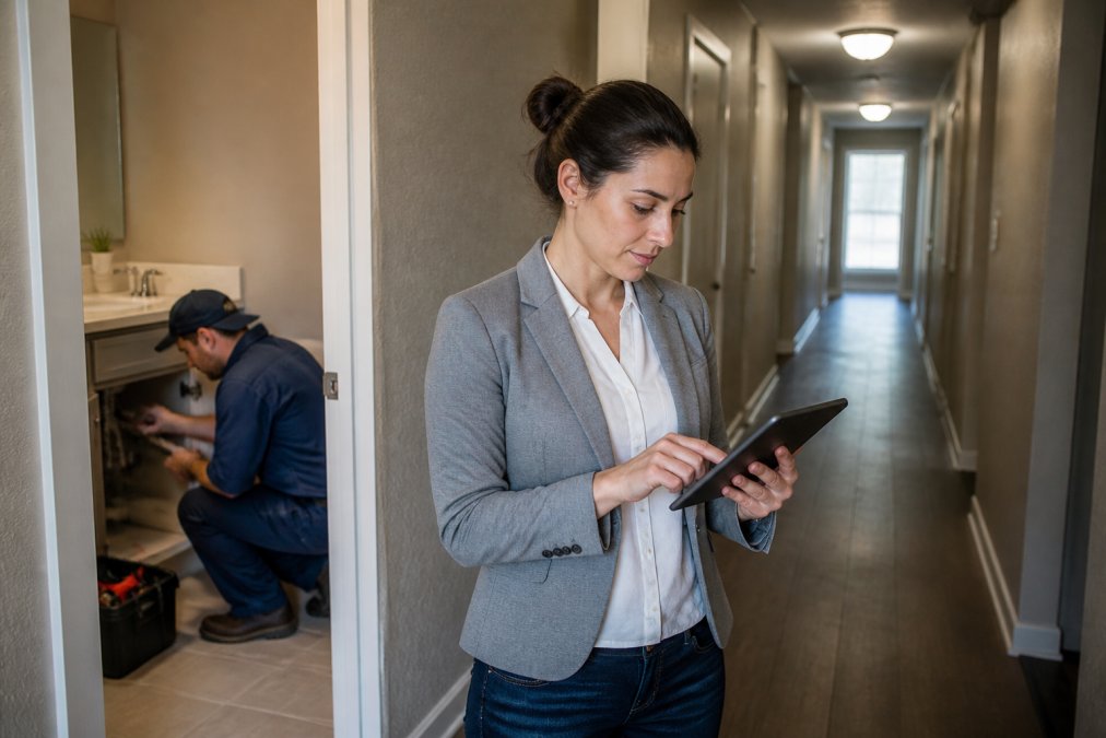 A property manager in business casual attire reviewing maintenance work orders on a tablet in the hallway of a multi-unit apartment building, with a licensed plumber in uniform visible in the background checking pipes under a sink