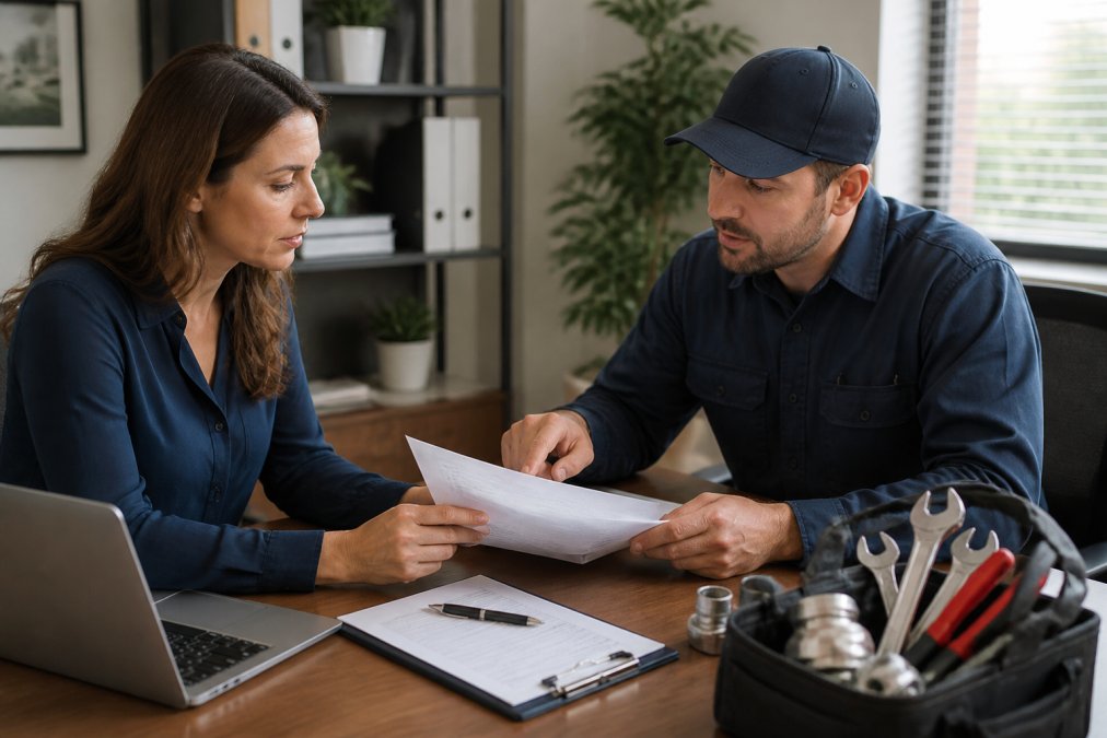 A property manager sitting across a desk from a uniformed plumber, reviewing a printed service contract together, with a laptop and clipboard of inspection notes visible on the desk, warm office lighting